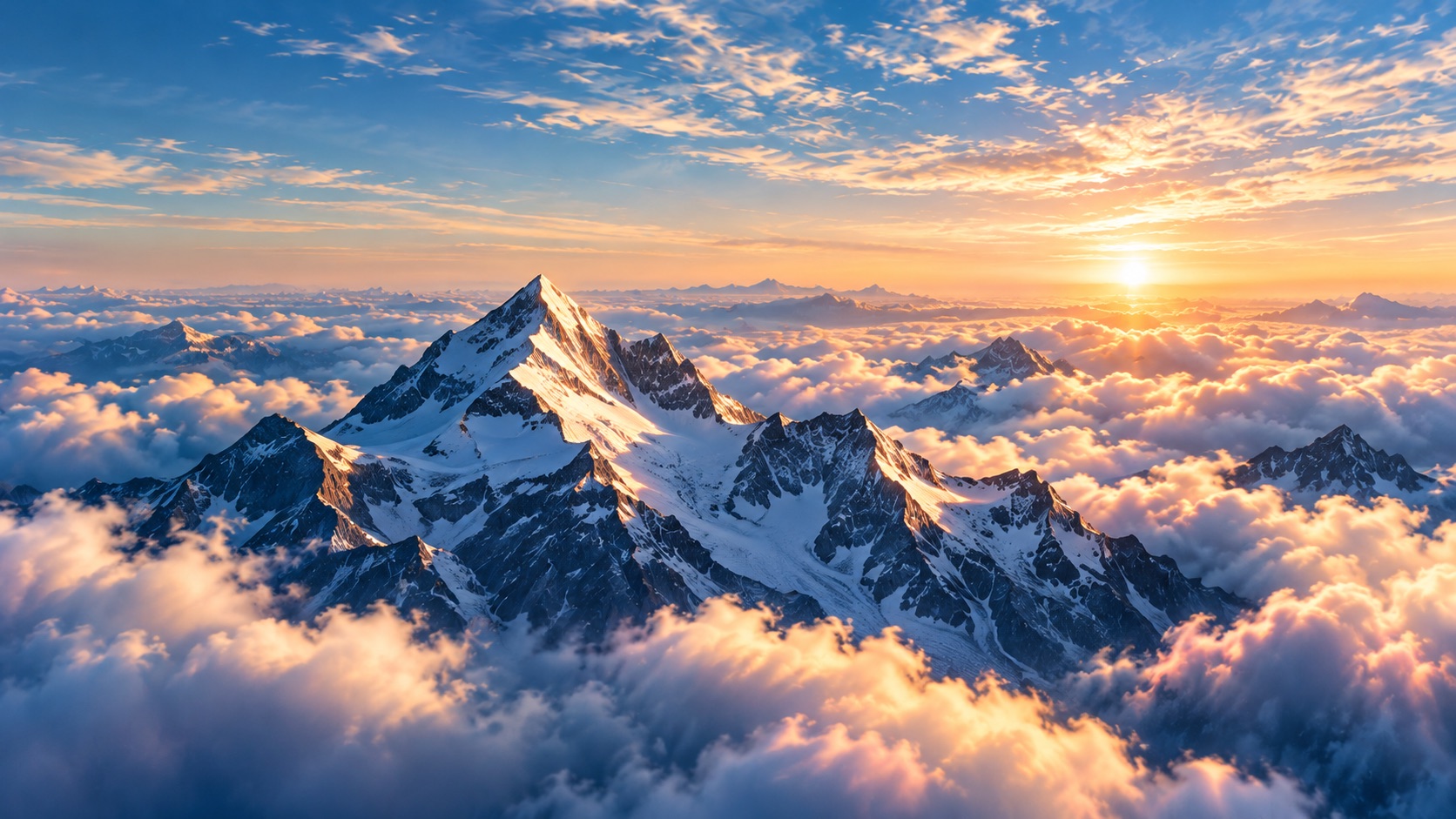 Mountain peaks rising above clouds at sunrise