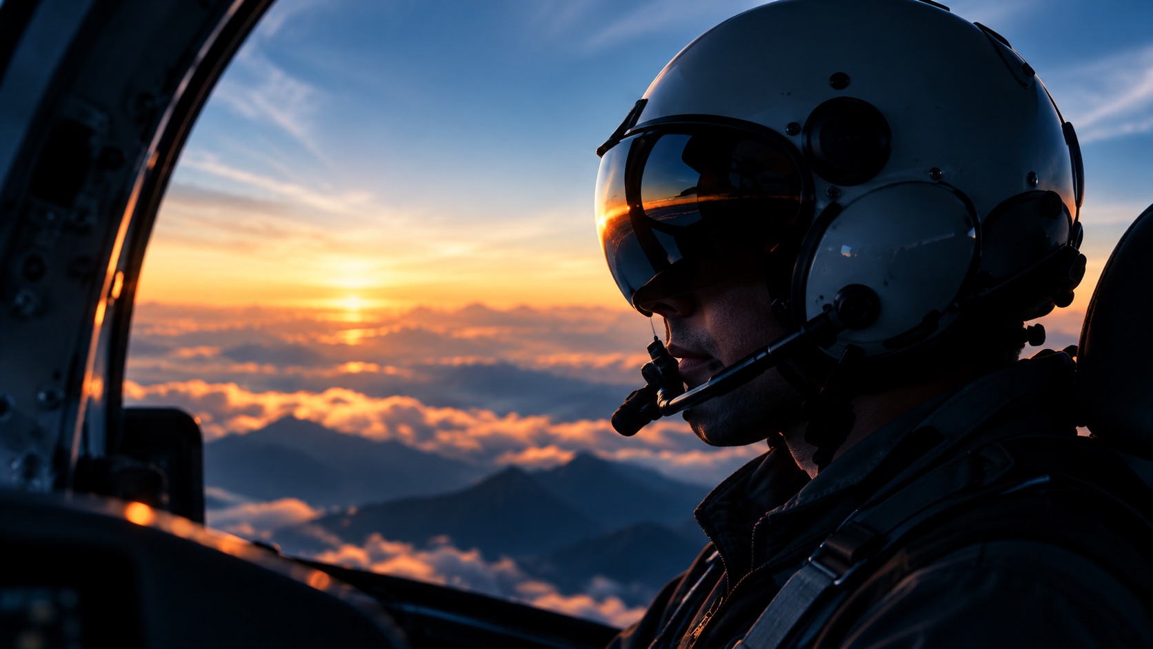 Pilot in a cockpit during a mountain sunset